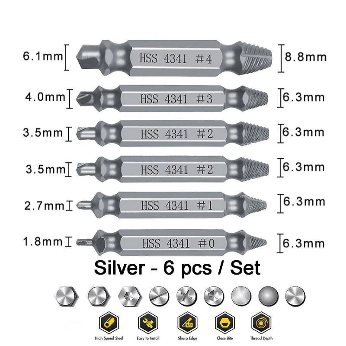 Extractores de tornillos y pernos rotos, 6 piezas