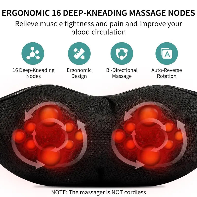 Neck and Back Massager with Soothing Heat, Ergonomic 8 Deep-Kneading Massage Nodes with Heat Electric Shiatsu Back Massager for Neck Shoulder & Body Muscle Relief Portable 12V DC Power Supply - Black