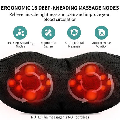 Neck and Back Massager with Soothing Heat, Ergonomic 8 Deep-Kneading Massage Nodes with Heat Electric Shiatsu Back Massager for Neck Shoulder & Body Muscle Relief Portable 12V DC Power Supply - Black