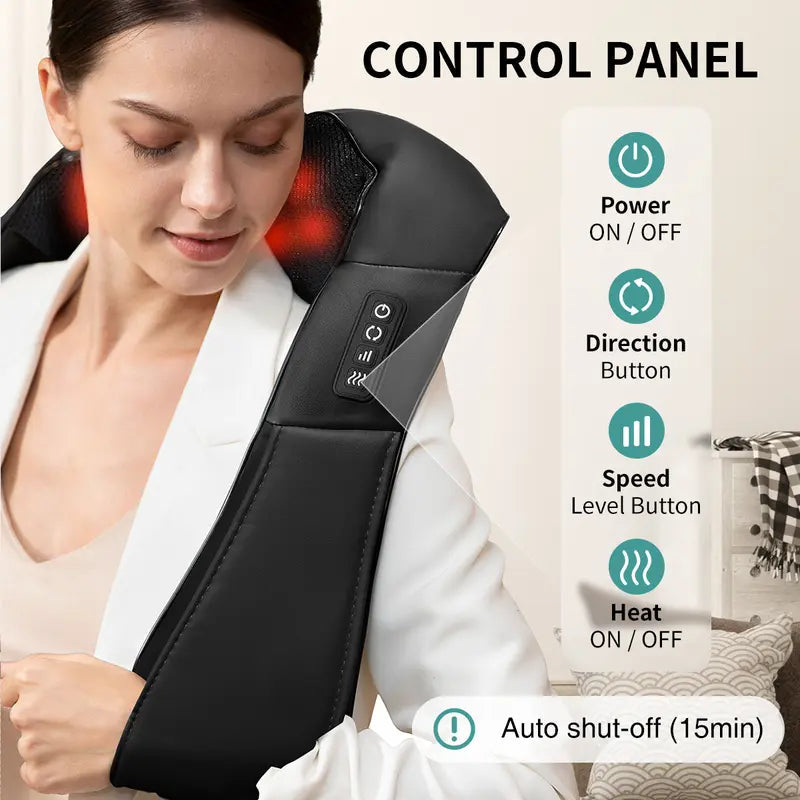 Neck and Back Massager with Soothing Heat, Ergonomic 8 Deep-Kneading Massage Nodes with Heat Electric Shiatsu Back Massager for Neck Shoulder & Body Muscle Relief Portable 12V DC Power Supply - Black