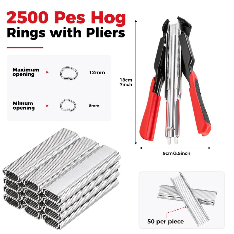 100 PCS/2500 PCS C Clips Hog Ring Pliers Kit, 3/4'' Hog Ring Nail, Fencing Plier Staple Gun Cage Clamp for Animal Pet Cages Fencing, Upholstery, Car Cushions, Meat and Sausage Casings