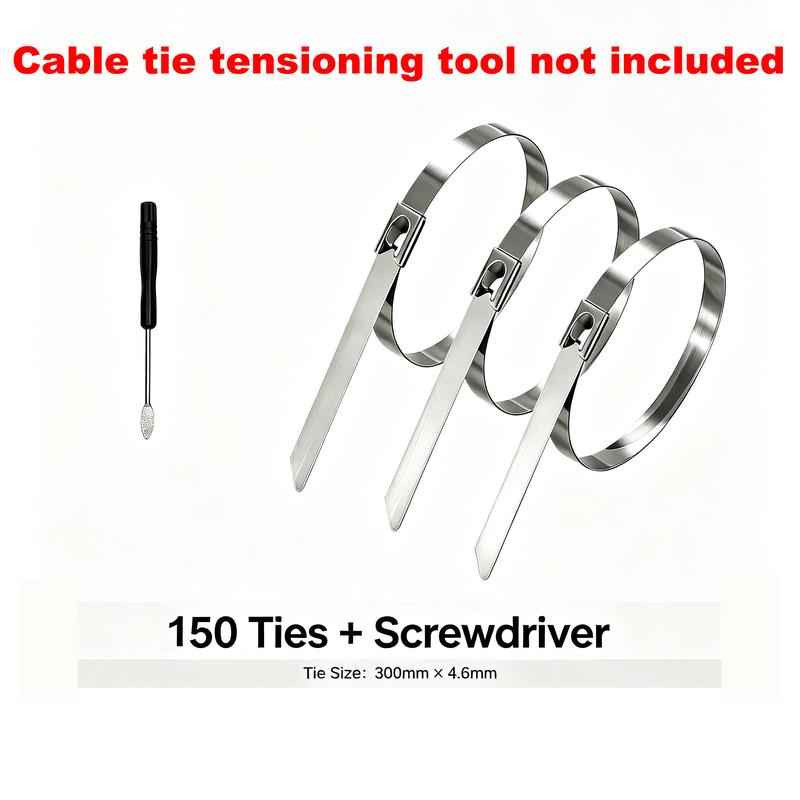 Heavy‑Duty 304 Stainless Steel Cable Tie Tensioning Tool Set | 11.8 Inch Self‑Locking Metal Zip Ties + Removal Screwdriver, Rustproof Metal Cable Ties for Car, Fencing, Plumbing & Outdoor Projects