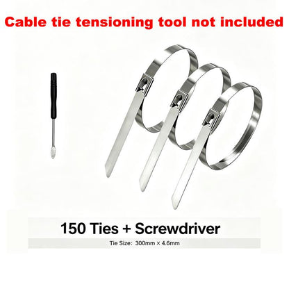 Heavy‑Duty 304 Stainless Steel Cable Tie Tensioning Tool Set | 11.8 Inch Self‑Locking Metal Zip Ties + Removal Screwdriver, Rustproof Metal Cable Ties for Car, Fencing, Plumbing & Outdoor Projects