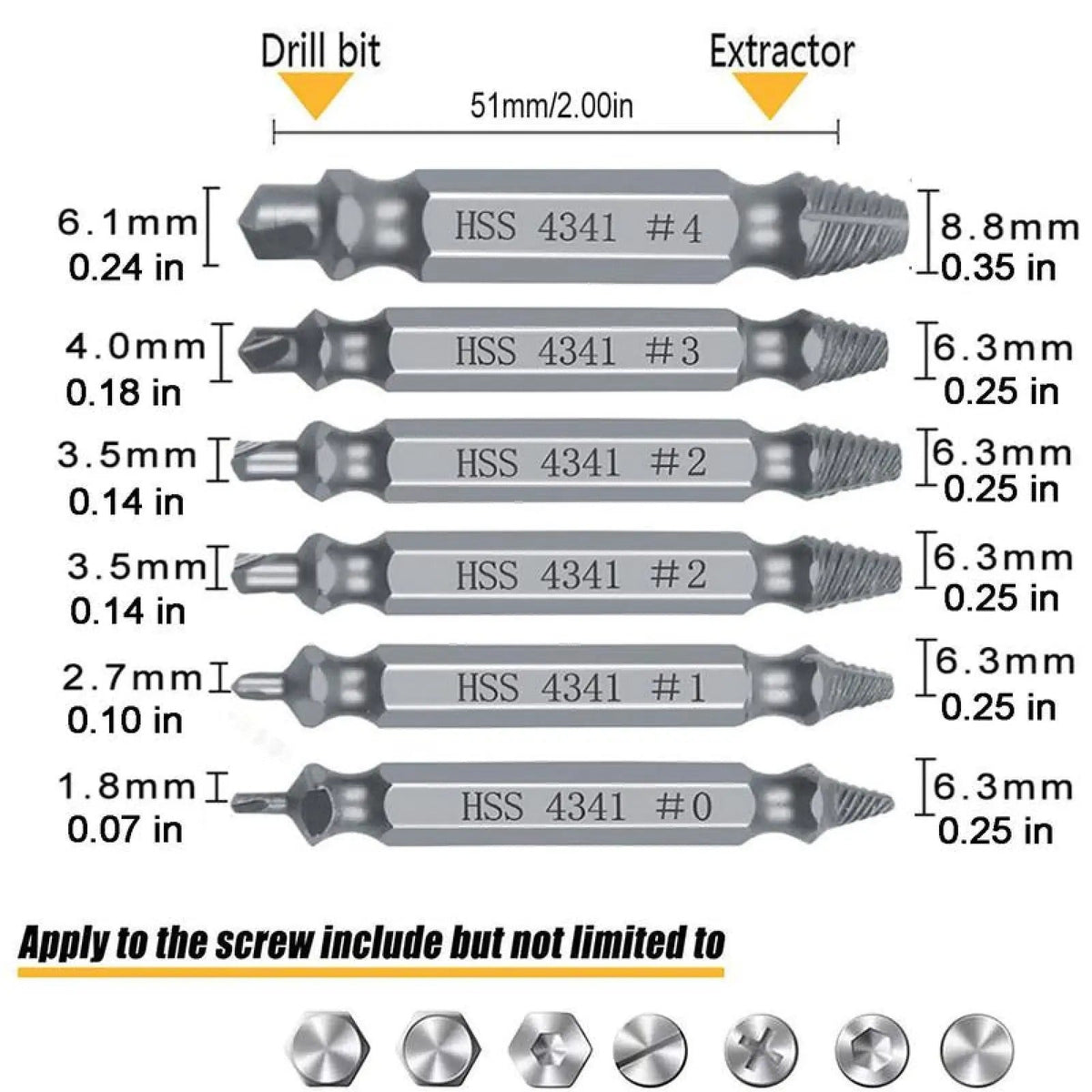 Extractores de tornillos y pernos rotos, 6 piezas