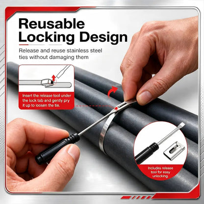 Heavy‑Duty 304 Stainless Steel Cable Tie Tensioning Tool Set | 11.8 Inch Self‑Locking Metal Zip Ties + Removal Screwdriver, Rustproof Metal Cable Ties for Car, Fencing, Plumbing & Outdoor Projects