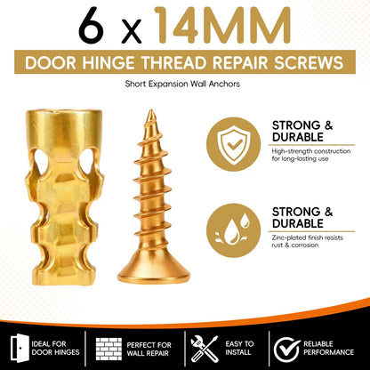 Tornillos de reparación de roscas para bisagras de puerta de 6 x 14 mm, anclajes de pared de expansión corta de 30/60 unidades, reparador de roscas para gabinetes, azulejos, piedra y bisagras de partición, regalo del Día del Padre