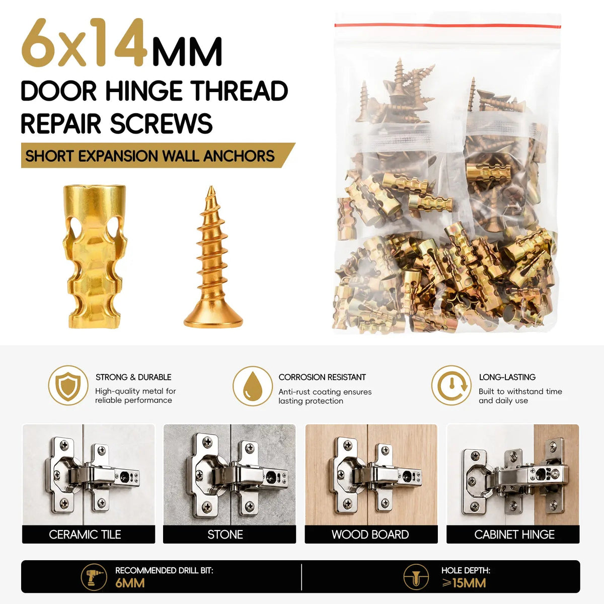 Tornillos de reparación de roscas para bisagras de puerta de 6 x 14 mm, anclajes de pared de expansión corta de 30/60 unidades, reparador de roscas para gabinetes, azulejos, piedra y bisagras de partición, regalo del Día del Padre
