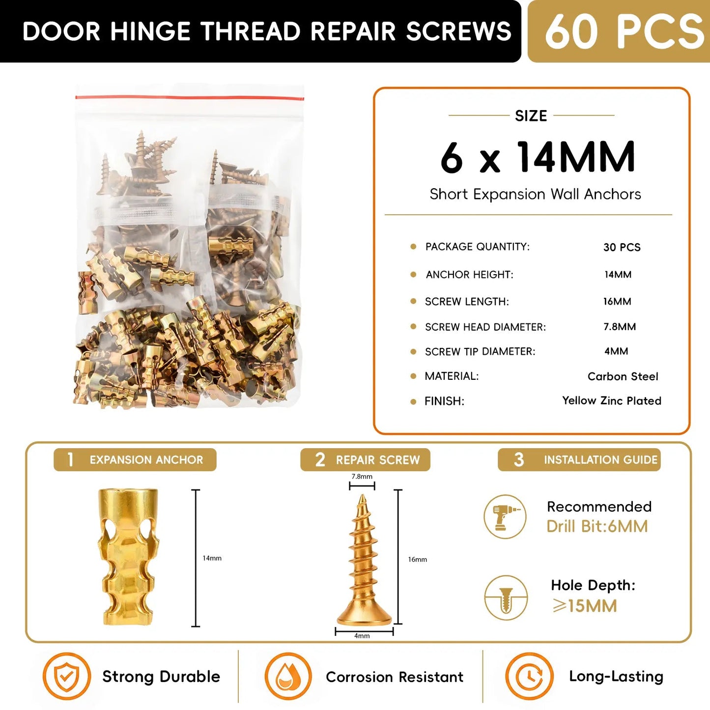 Tornillos de reparación de roscas para bisagras de puerta de 6 x 14 mm, anclajes de pared de expansión corta de 30/60 unidades, reparador de roscas para gabinetes, azulejos, piedra y bisagras de partición, regalo del Día del Padre
