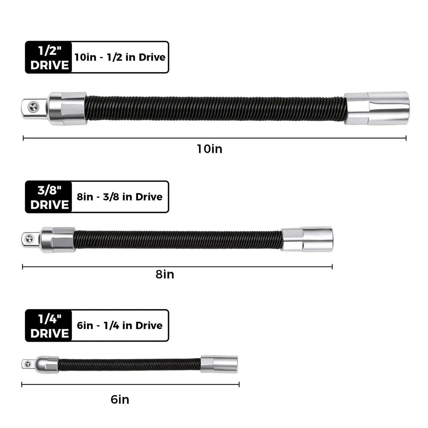 Flexible Socket Extension Bar Set 3-Piece 1/2" 3/8" 1/4" Shaft Drive 10" 8" 6"-Spring-Loaded Detent Balls to Prevent Slipping, fathersdaygift fathersdaygift